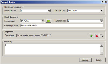 fereastra adaugare decizie in registru decizii interne