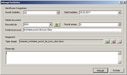 fereastra adaugare hotarare in registru hotarari
